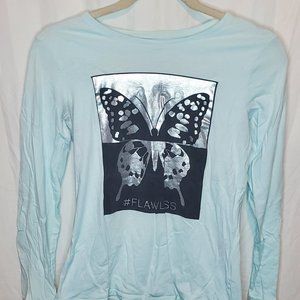 Girls Blue Butterfly #FLAWLESS Long Sleeve Shirt Top Size XL 14